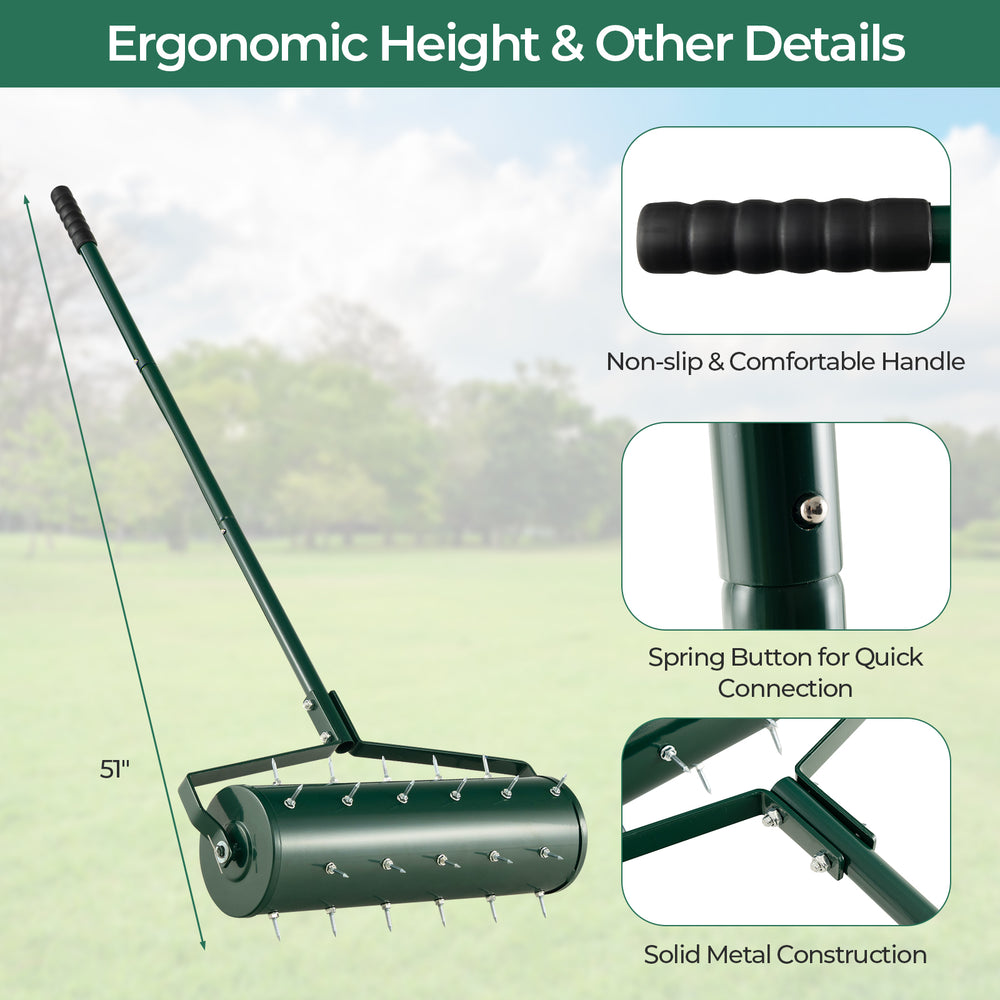 Manual lawn aerator with detachable handle, 21 inches, solid metal construction, ergonomic height for easy soil.
