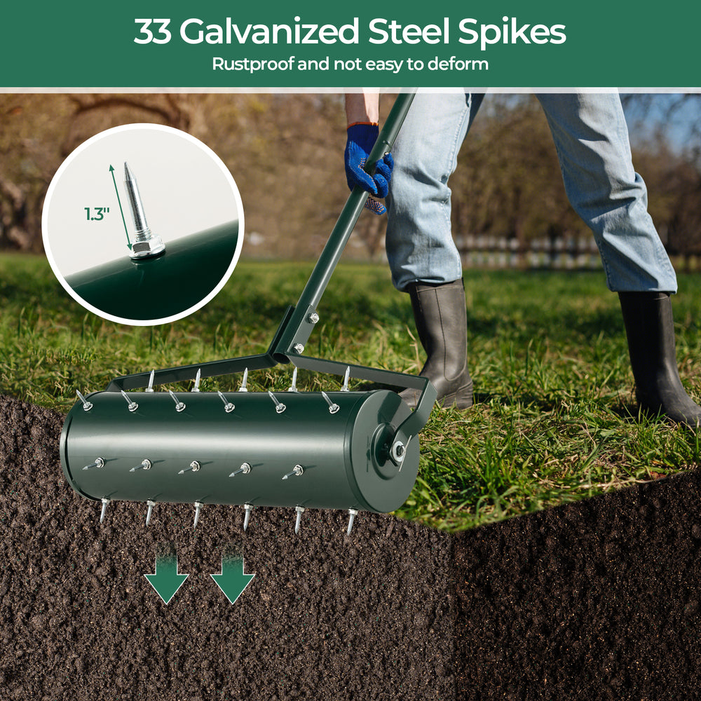 Manual lawn aerator with 33 galvanized steel spikes, 21 inches long, designed for effective soil loosening and plant.
