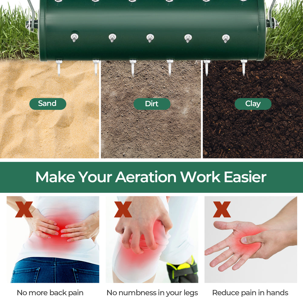 18-inch manual lawn aerator with galvanized steel spikes, designed for easy soil penetration and reduced back pain.