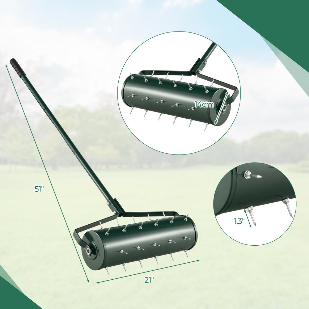 Manual lawn aerator with 21-inch roller and 27 galvanized steel spikes for efficient soil loosening and plant growth.