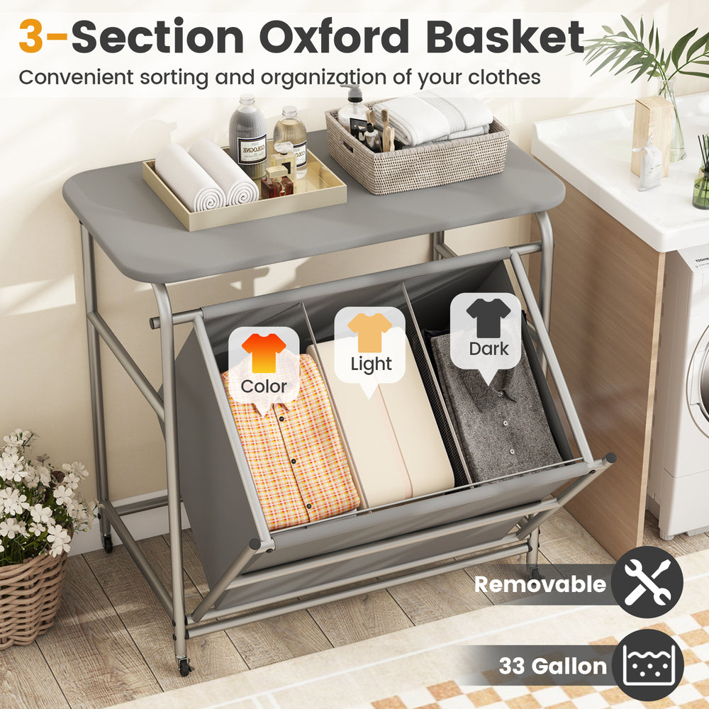3-section laundry sorter with foldable ironing board, gray fabric cover, and lockable wheels for easy clothing.