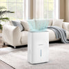 65 pints dehumidifier in white with LED display, placed in a living room for effective humidity control.