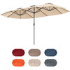 Tilted beige umbrella with adjustable features, part of a 7-piece outdoor relaxation bundle for patio enjoyment.