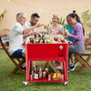 Portable red patio cooler with bottom storage, 80-quart capacity, and bottle opener, perfect for outdoor gatherings.