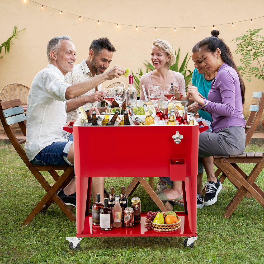 Portable red patio cooler with bottom storage, 80-quart capacity, and bottle opener, perfect for outdoor gatherings.