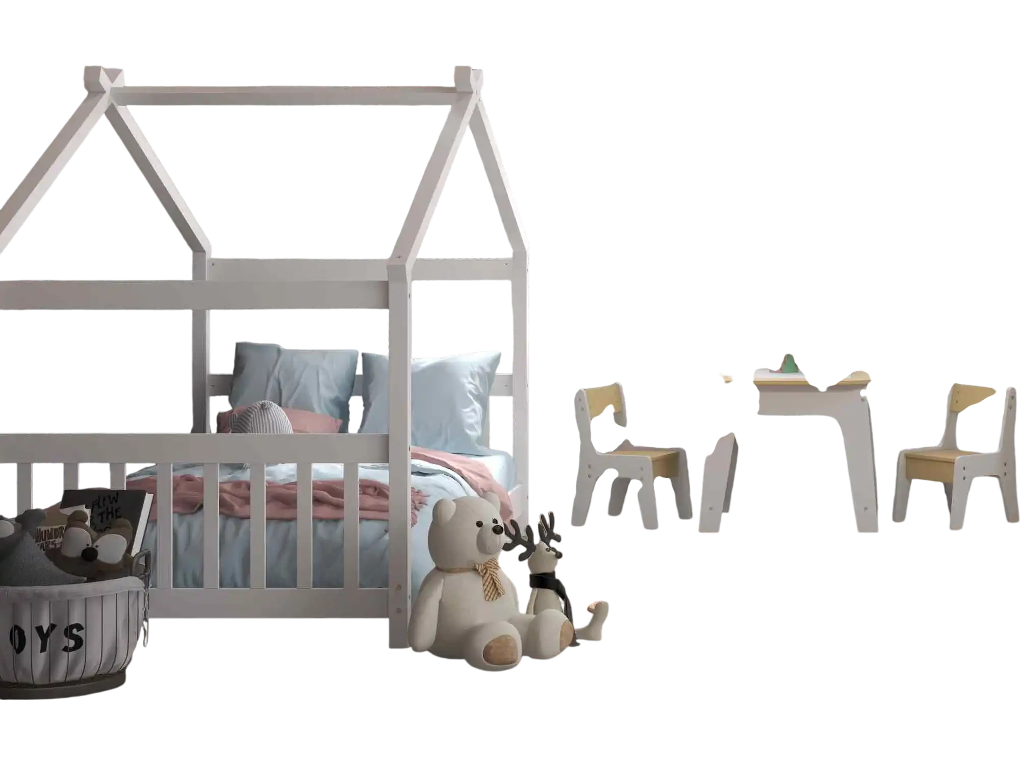 Costway 3-Pc Twin Wooden House Bed Kids Table & Chairs Bookcase Bundle 65323230 New