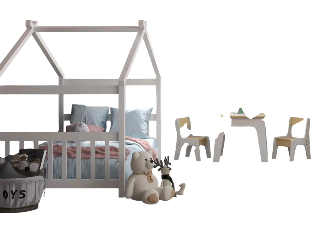 3-Piece Kid’s Room Bundle: Twin Size Wooden House Bed + Kid's Table and Chairs Set + Kids 2-Shelf Bookcase