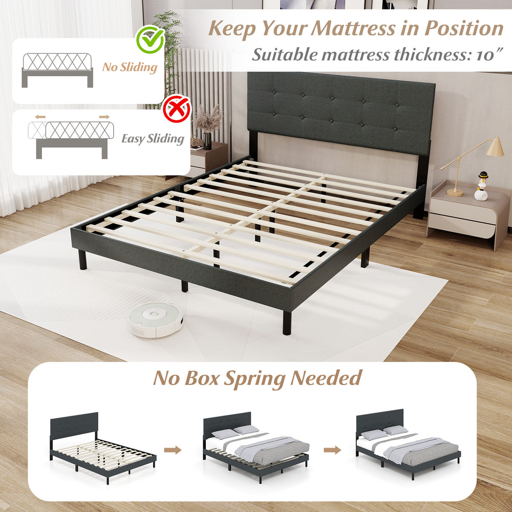 Queen size upholstered bed frame in dark gray with tufted headboard, sturdy wooden slats, and no box spring needed.