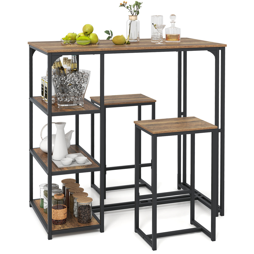 Rustic brown 3-piece bar table set with 2 stools and 3 storage shelves, ideal for small spaces and versatile use.
