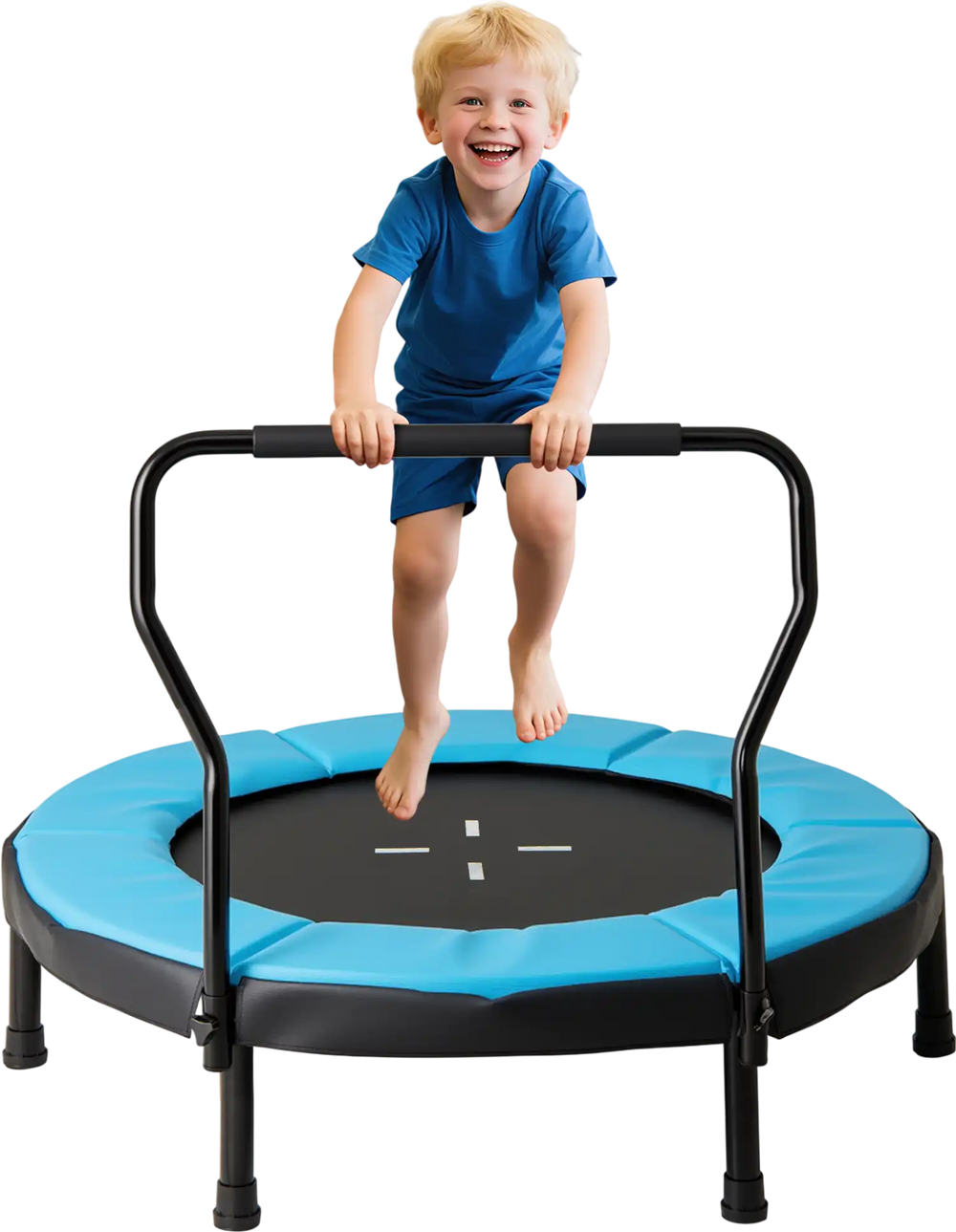 Kids' 40-inch blue trampoline with foam handle, padded edge, and no-gap design for safe indoor and outdoor fun.