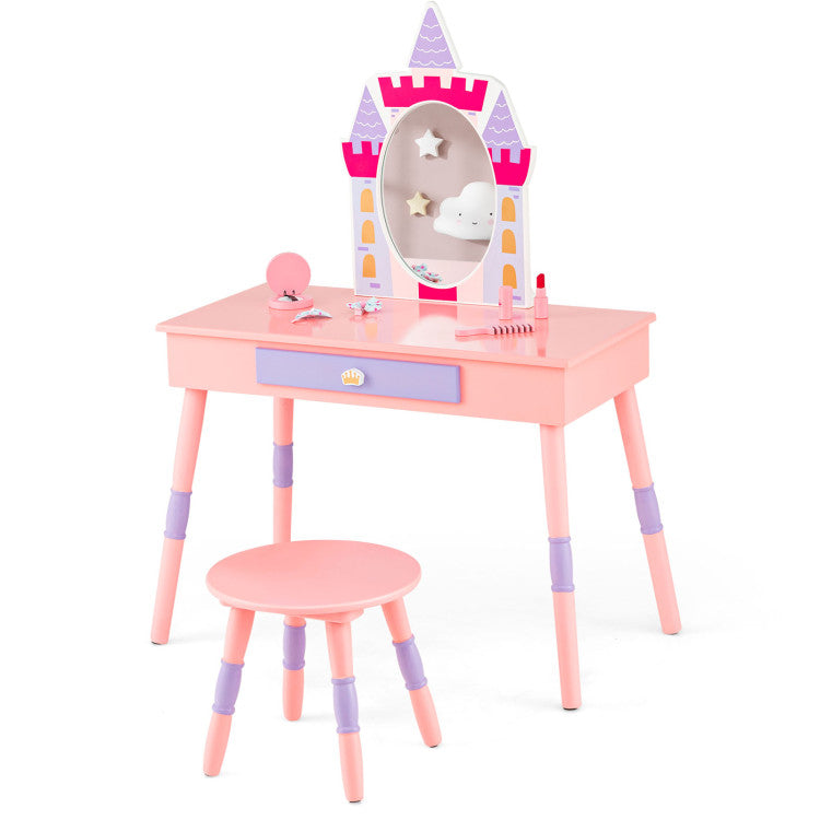 Kids' vanity table and stool set in pink with a removable mirror, perfect for playtime or writing activities.
