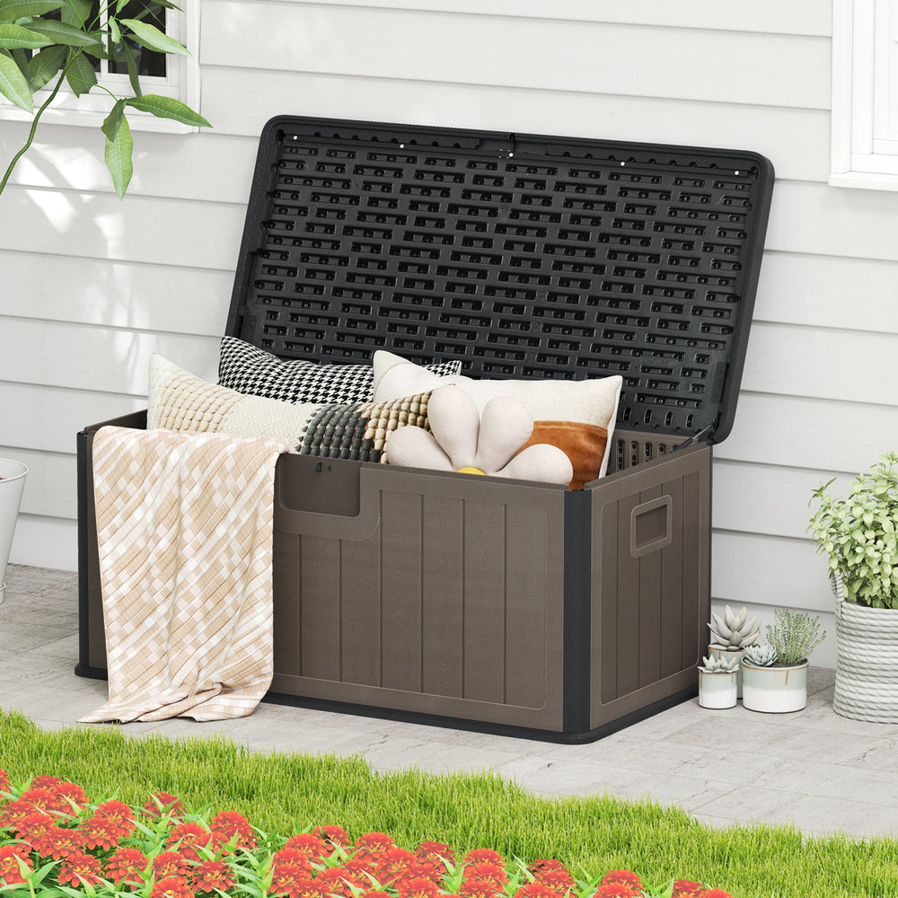 Large black and brown 100-gallon deck box with lockable lid, perfect for storing outdoor pillows and garden tools.
