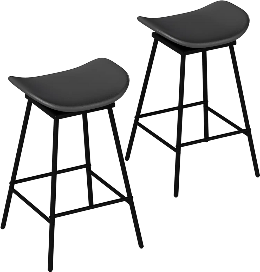 Set of 2 black swivel barstools with faux leather seats and footrests, ideal for kitchen islands and home bars.