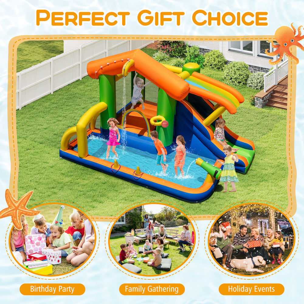Inflatable bounce house water park with slide, climbing wall, and spacious pool for summer fun and family gatherings.