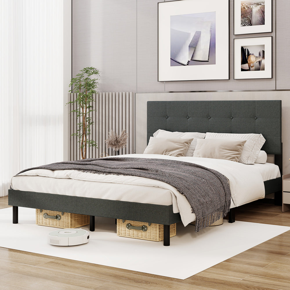 Queen size upholstered bed frame in dark gray with tufted headboard and ample under-bed storage for easy cleaning.