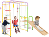Multicolor metal indoor jungle gym with swings, slide, and monkey bars, designed for kids over 3 years old.