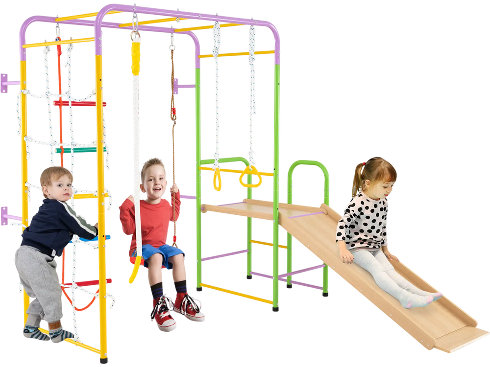 Multicolor metal indoor jungle gym with swings, slide, and monkey bars, designed for kids over 3 years old.