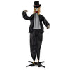 Standing 7.2 FT Halloween Animatronic Groom with a creepy face, black attire, and poseable arms for indoor decoration.