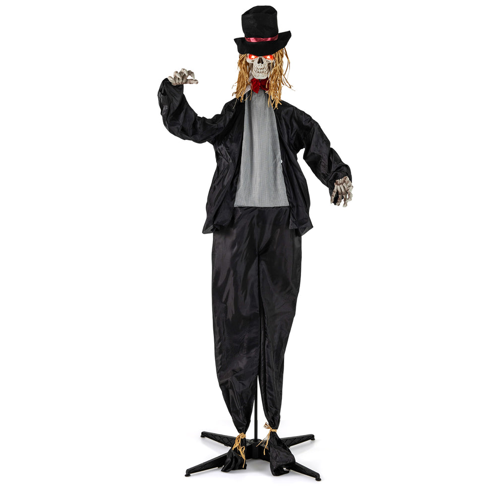 Standing 7.2 FT Halloween Animatronic Groom with a creepy face, black attire, and poseable arms for indoor decoration.