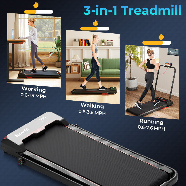3-in-1 folding treadmill with LED display, offering walking, running, and working modes for home fitness.