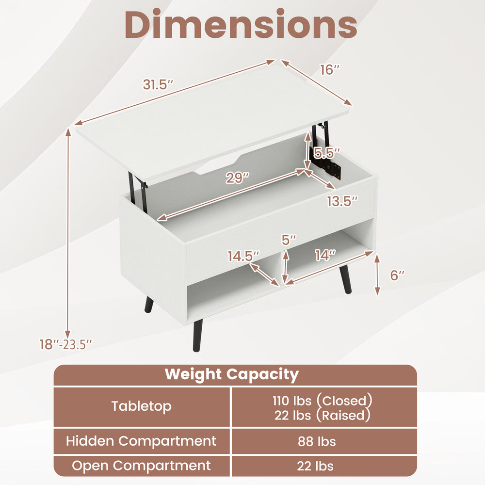 31.5-inch lift-top coffee table in white with hidden storage and two open shelves, ideal for versatile room decor.