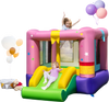Inflatable bounce house with slide and basketball hoop, made of durable 420D oxford cloth, perfect for kids' parties.