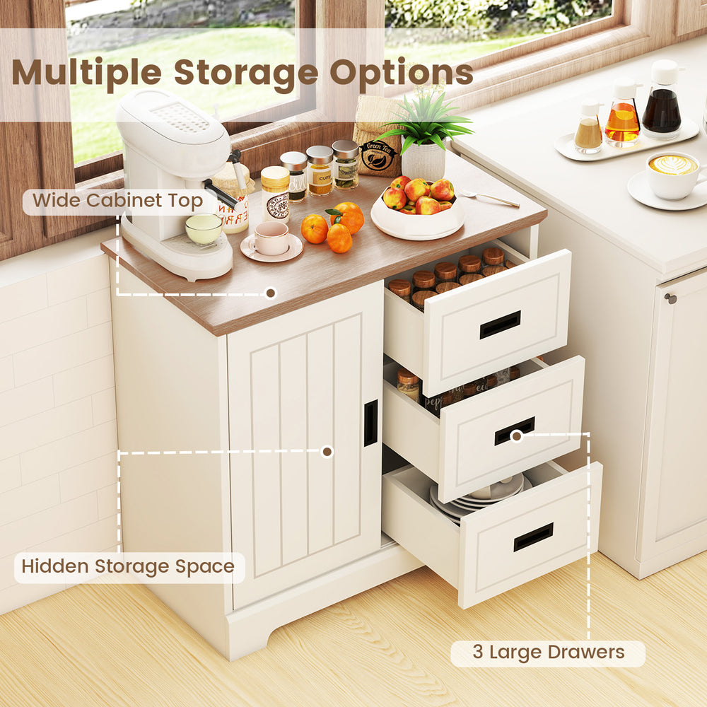 Farmhouse sideboard buffet cabinet with sliding doors, featuring a wide top and three large drawers for organized.