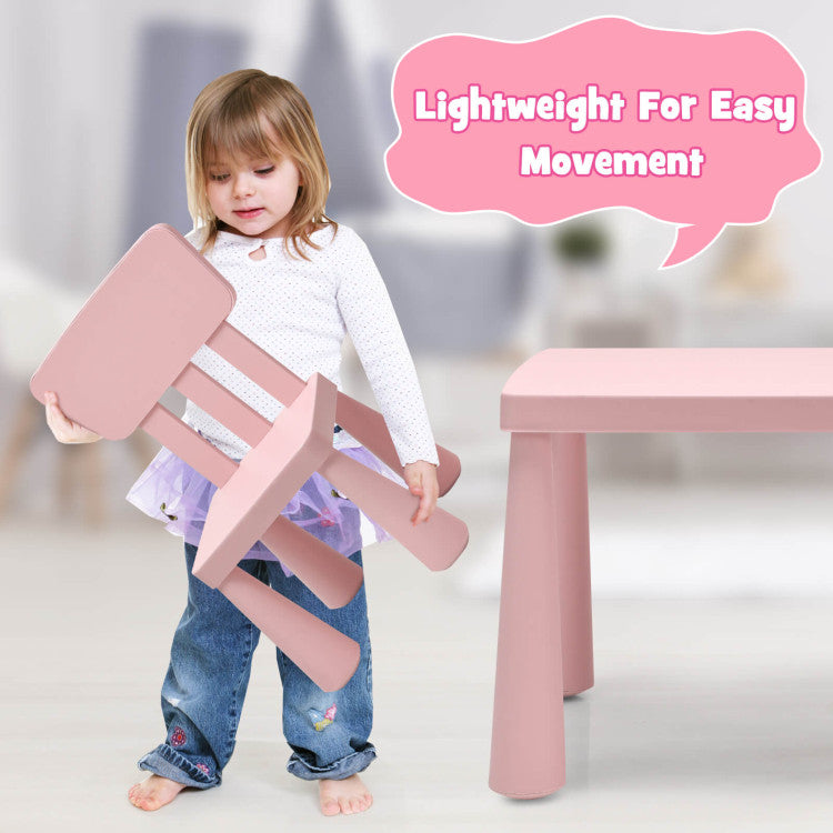Lightweight pink activity table and chair set for kids, perfect for playrooms and enhancing independence in learning.