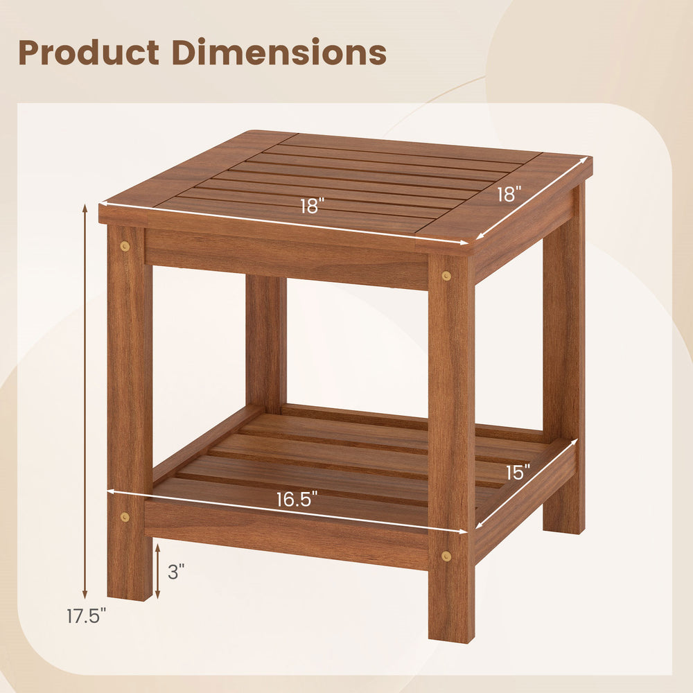 2-Tier outdoor side table with storage shelf, crafted from solid wood, ideal for patio and garden use.