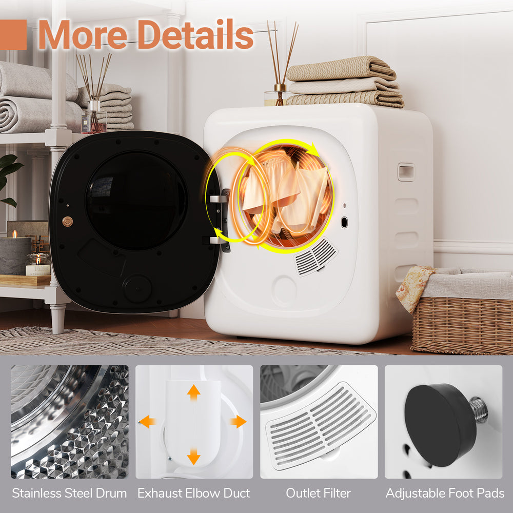 Portable clothes dryer with stainless steel drum, adjustable foot pads, and LED touch panel for efficient laundry.