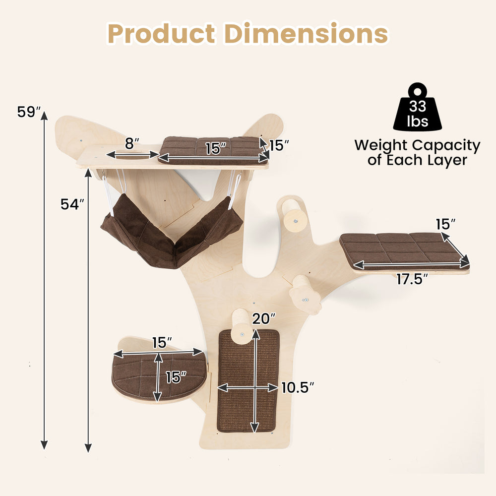 Wall-mounted cat tower dimensions showing 4 layers, padded platforms, and natural sisal scratching surfaces for cats.