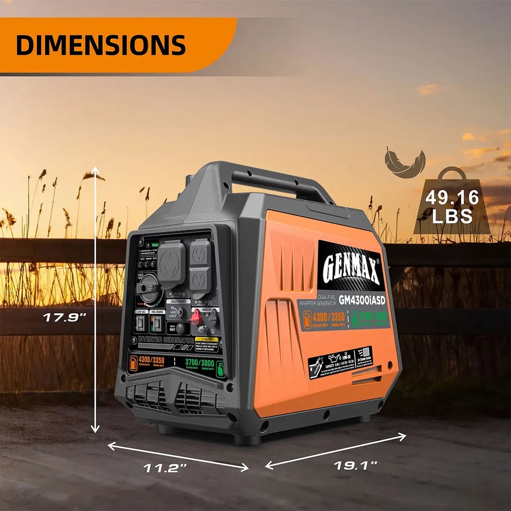 Genmax G4300iASD Generator 3350W/4300W Dual Fuel Gas Propane Inverter Low THD CO Sensor New