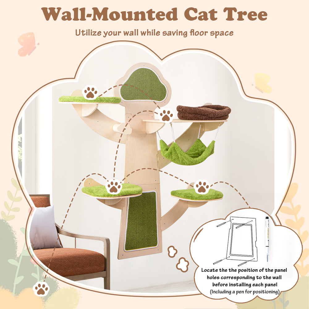 Wall-mounted cat tower with 5 layers, green padded platforms, and soft bed for space-saving feline relaxation.