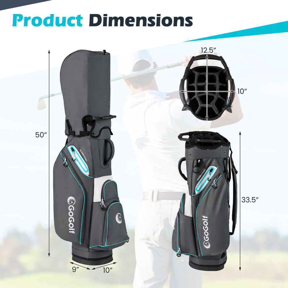 Golf cart bag with 14-way top dividers, 6 zippered pockets, and adjustable shoulder strap for easy carrying.