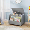 Gray wooden mobile toy storage organizer with a flip-top lid and front bookshelf, ideal for kids' toys and books.