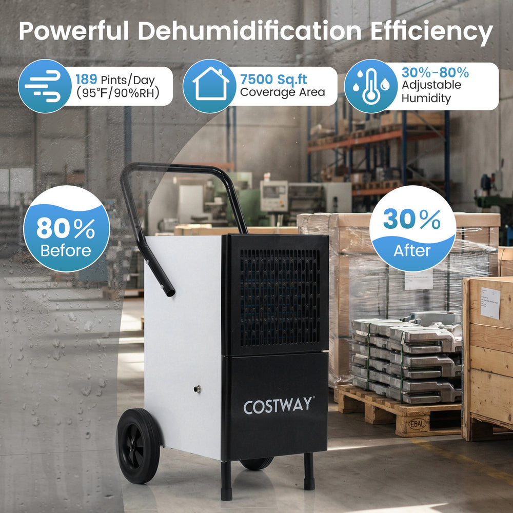 Commercial dehumidifier in black, 189 pints/day capacity, 7500 sq.ft coverage, ideal for large spaces like warehouses.