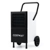 Commercial dehumidifier in black with large wheels and handle, perfect for easy mobility in warehouses and garages.