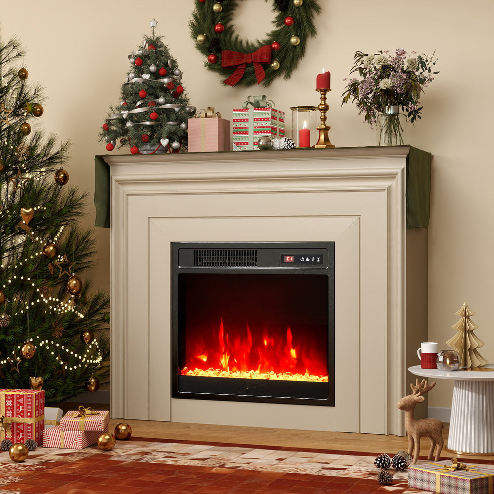 18-inch electric fireplace insert with customizable flame colors and overheat protection, perfect for cozy winter.