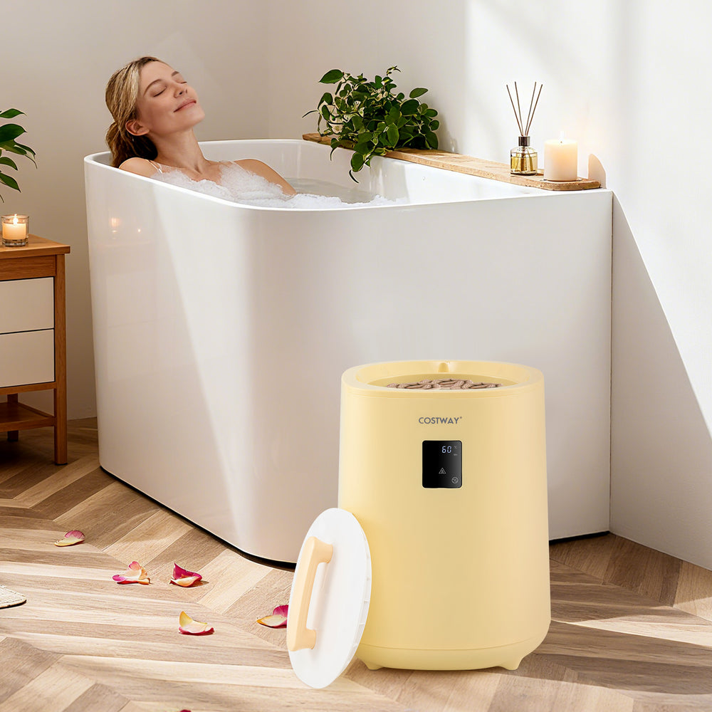Yellow 18L towel warmer with LED display, holding large towels, ideal for cozy warmth and aromatherapy in bathrooms.