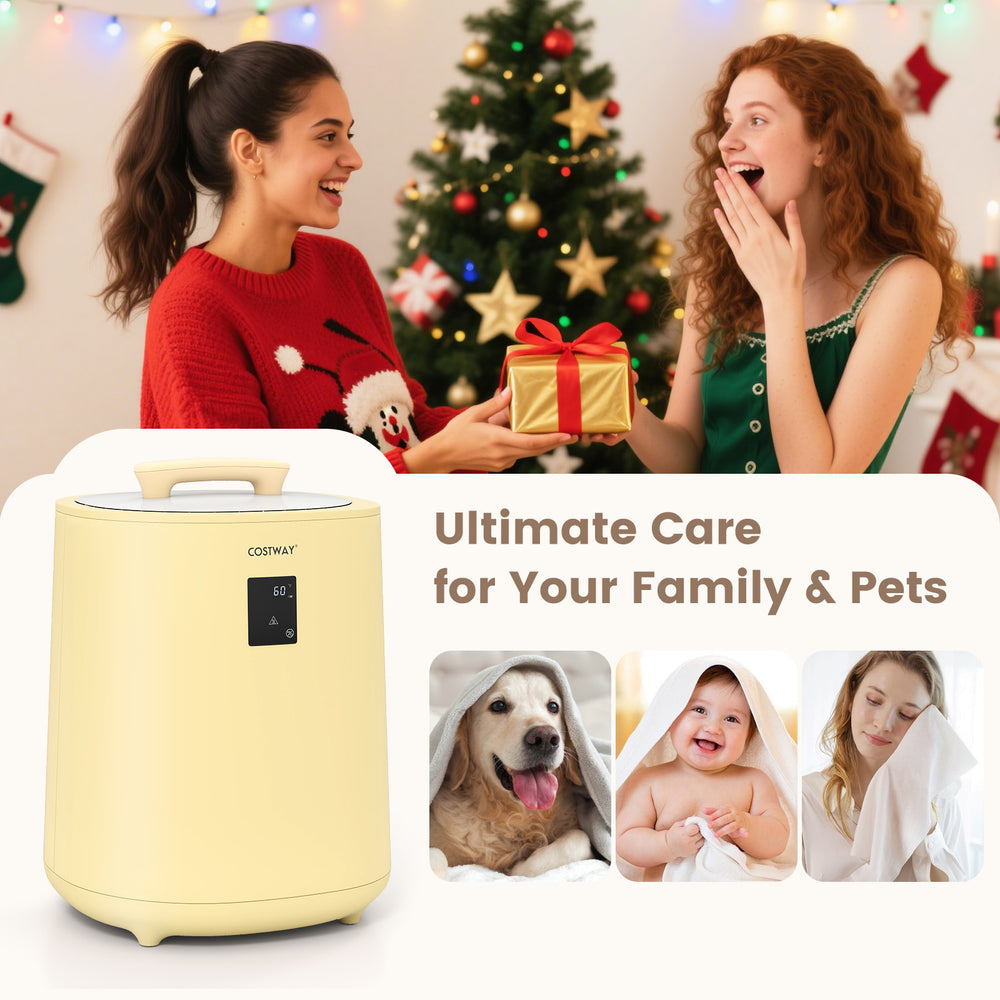 18L yellow towel warmer with LED display, holding large towels for cozy warmth and aromatherapy, perfect for family and.