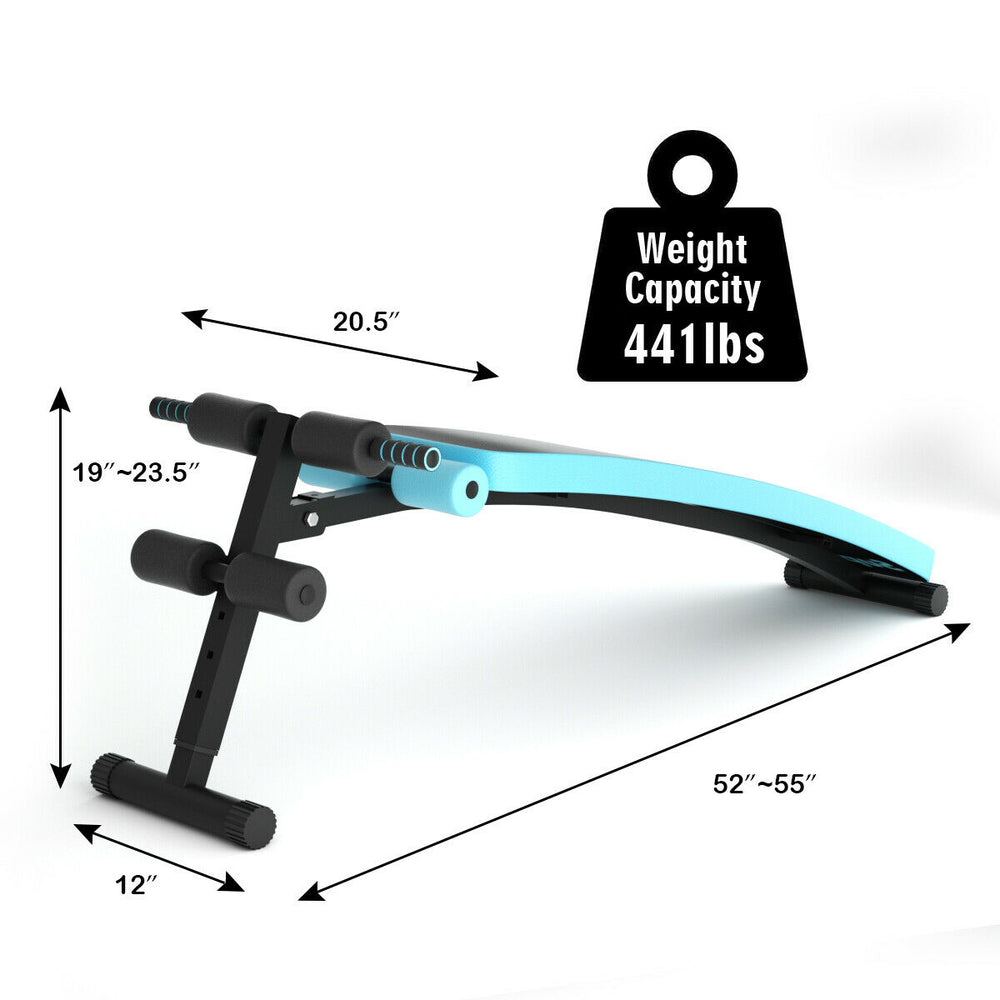Adjustable folding weight bench in blue with dimensions, 441 lbs capacity, ideal for various workouts and easy storage.