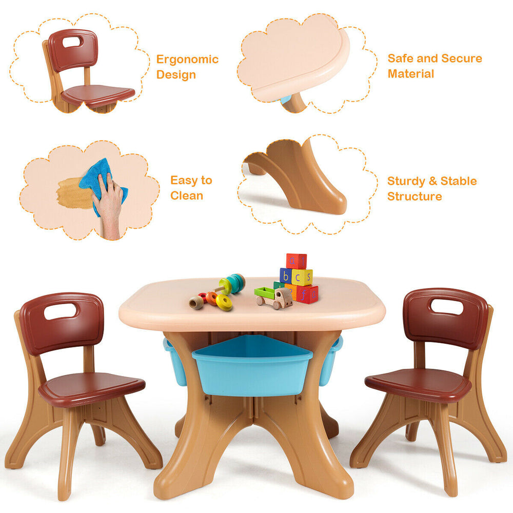 Children's activity table and chair set in coffee color, made of durable PP material, ideal for play and learning.
