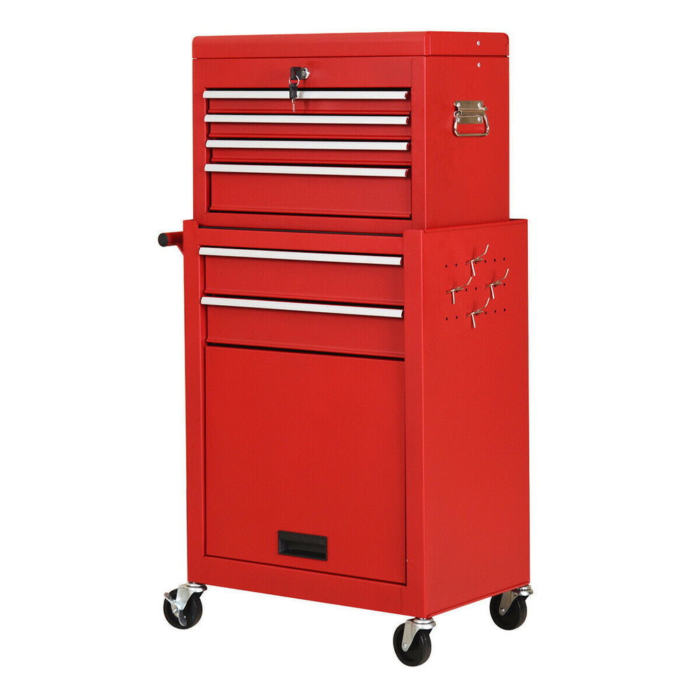 Red rolling cabinet storage chest with a smooth powder-coated finish and EVA pads in drawers, perfect for tool.