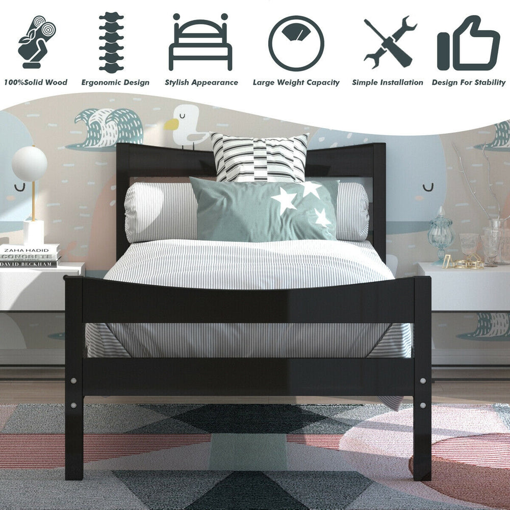 Twin size rustic platform bed frame in dark brown, featuring a sturdy pine wood construction and stylish headboard.