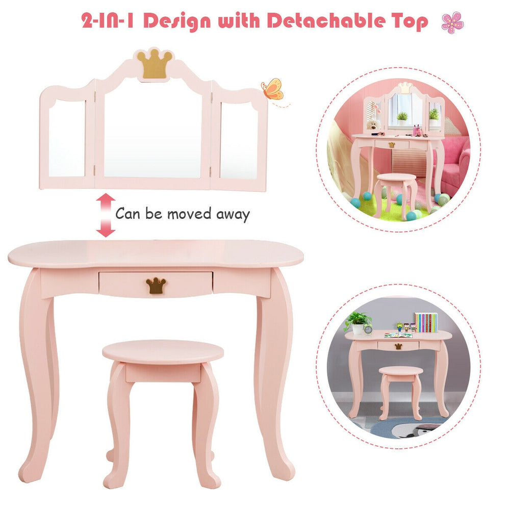 Side view of the pink kids makeup dressing table showcasing its elegant design and detachable mirror for versatile use.