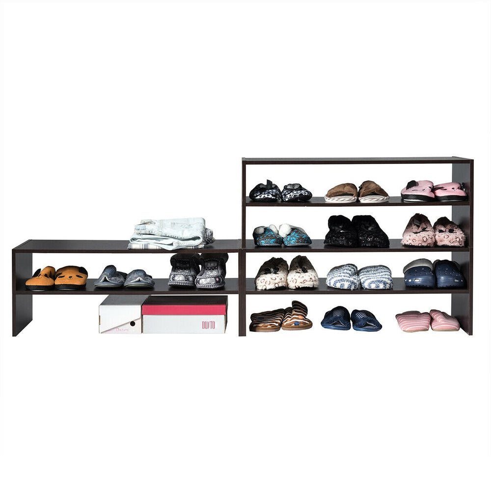 Stackable 3-piece shoe rack in brown, featuring two tiers for versatile storage of shoes and clothing in any room.