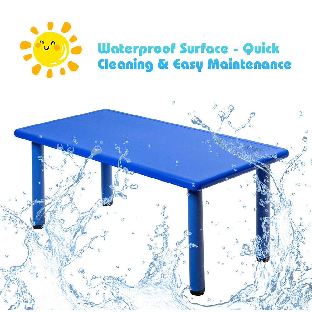 Blue kids plastic rectangular table with waterproof surface, ideal for daycares and home use, easy to clean and.
