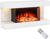 Three-sided wall-mounted electric fireplace with a modern floating mantle, featuring adjustable flame colors and remote.