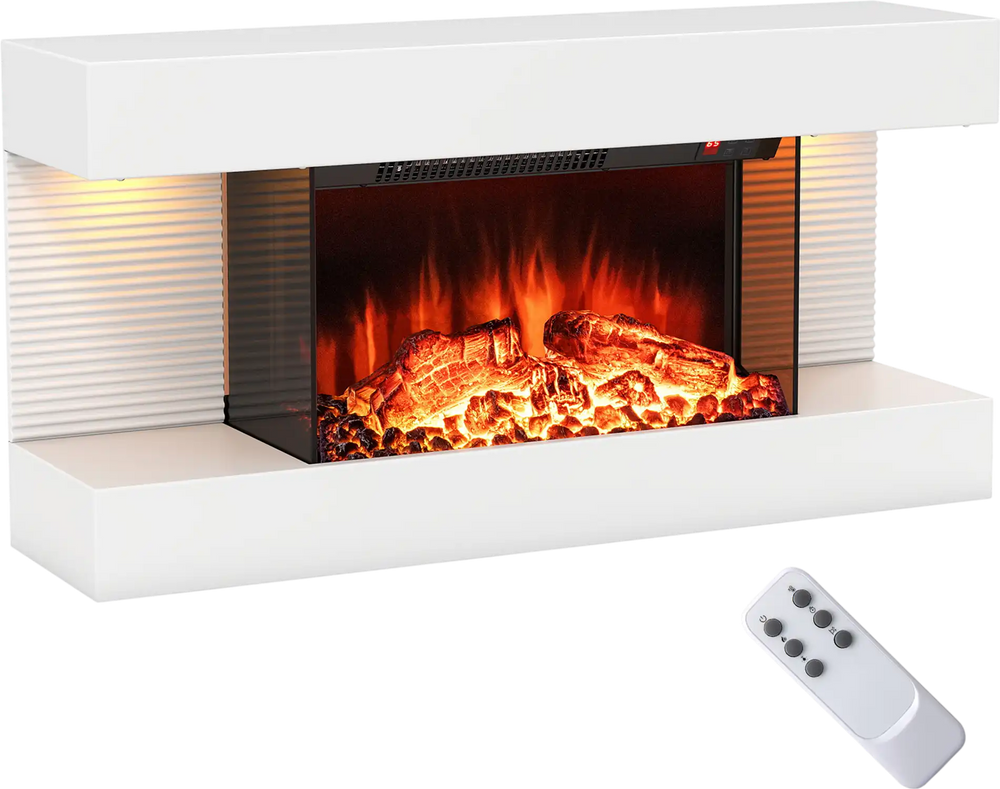 Three-sided wall-mounted electric fireplace with a modern floating mantle, featuring adjustable flame colors and remote.