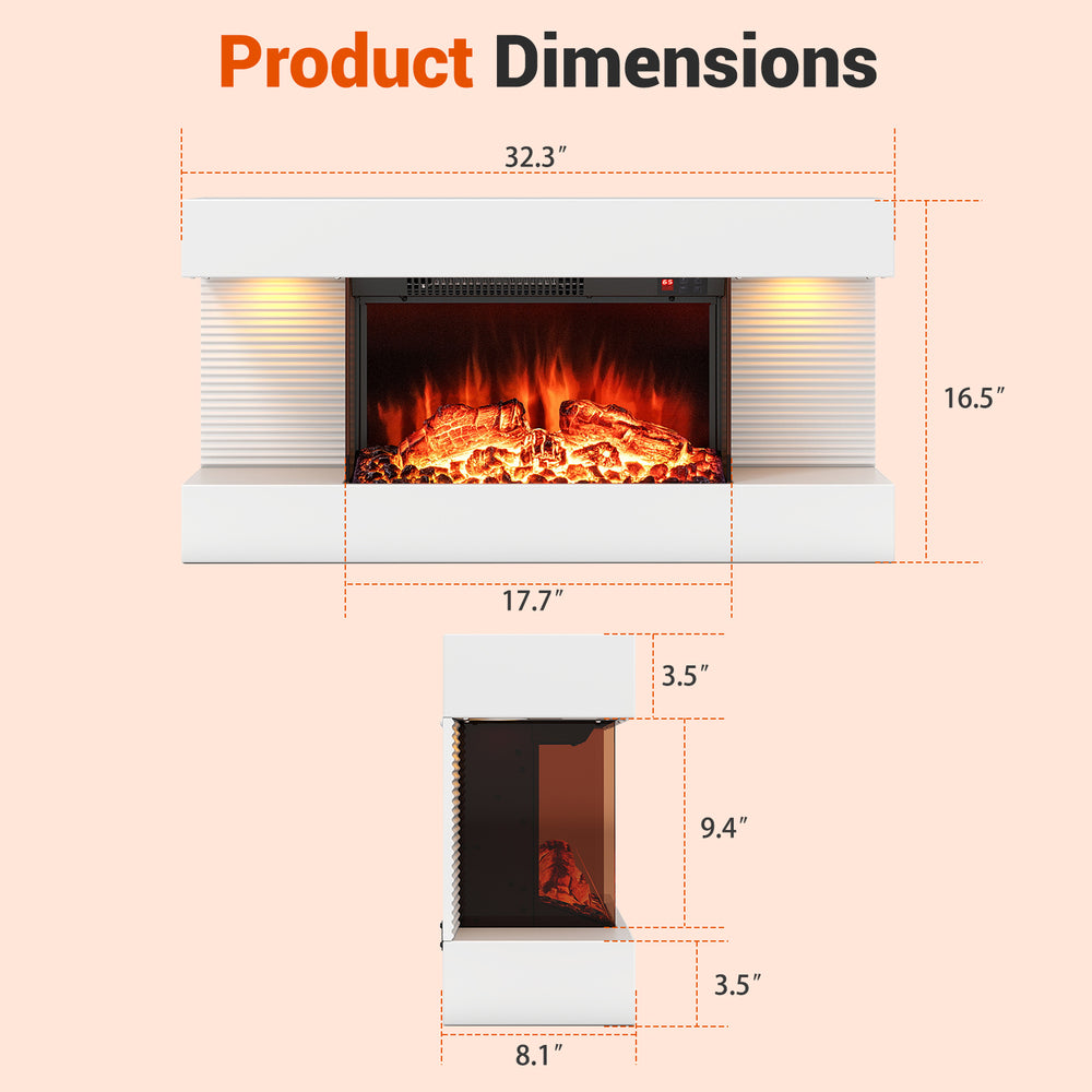 Product dimensions for the 18/36 Inch 3-Sided Wall Mounted Electric Fireplace with floating mantle, showcasing size.